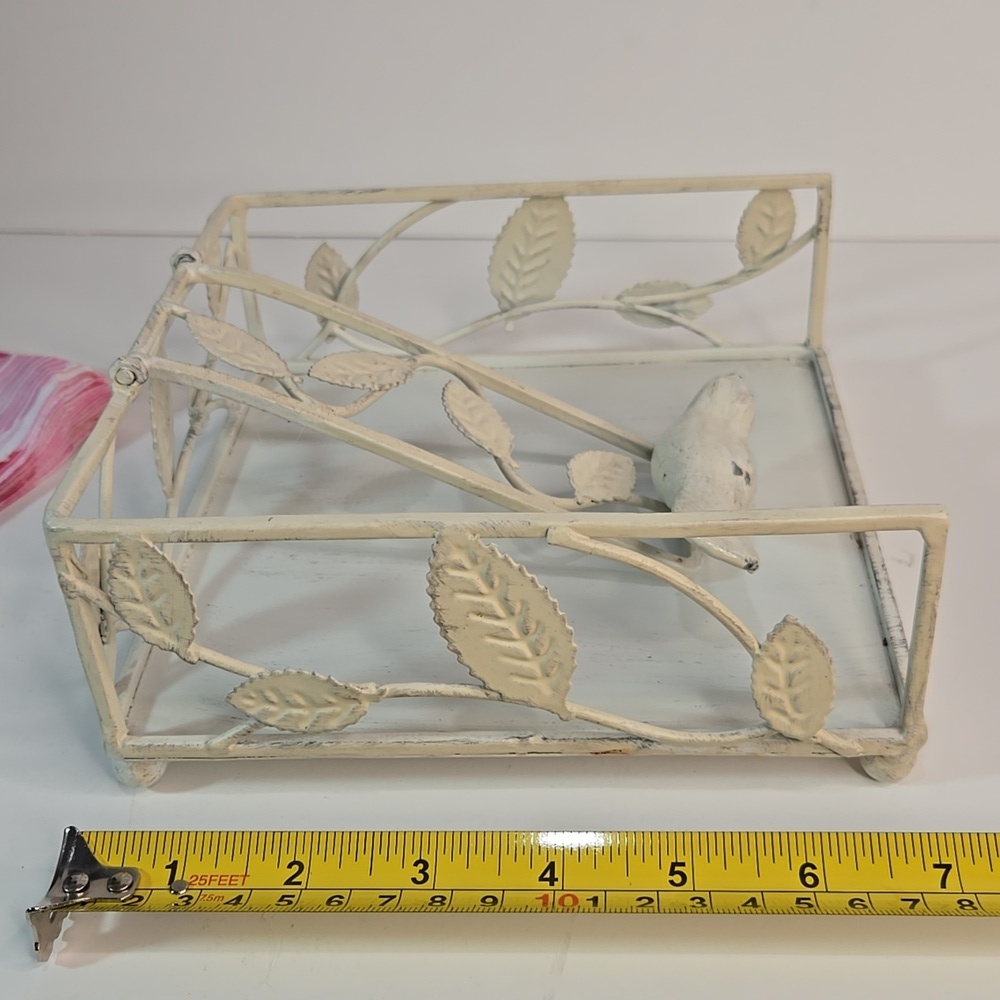 Shabby Chic Cottage Cream/Off White Metal Napkin Holder with Bird Vine Design - Picture 8 of 11